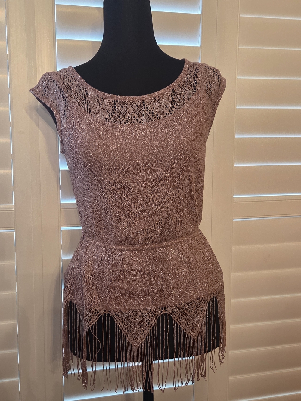 Studio Y Dusty Rose Open-Knit Fringe Sweater, XS